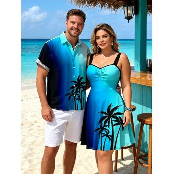 Vacation Couple Outfit Coconut Tree Pattern Ombre Ruched Dress and Shirt Set
