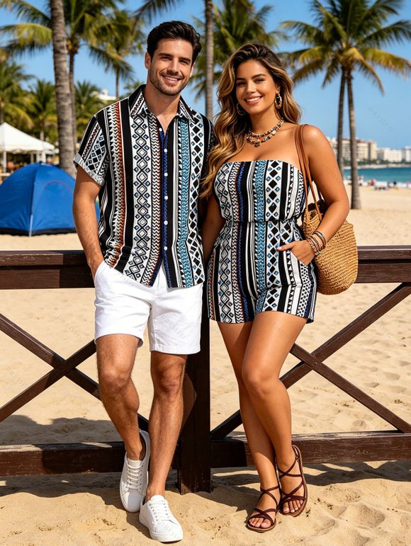 Bohemian Vacation Couple Outfit Colorblock Striped Geometric Print Pocket Off the Shoulder Romper and Shirt Set - multicolor A S | US 4