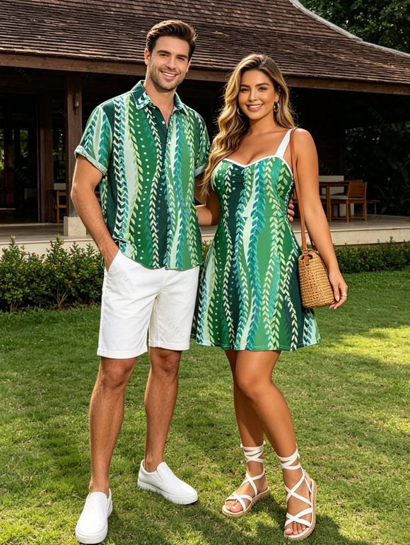 Hawaiian Vacation Couple Outfit Vertical Leaf Print Ruched Bust Mini Dress and Shirt Set - PLANT GREEN S | US 4