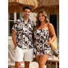 Hawaiian Couple Outfit Contrast Color Flower Geometric Print Pocket Off the Shoulder Romper and Shirt Set - marron foncé S | US 4