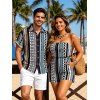 Bohemian Vacation Couple Outfit Colorblock Striped Geometric Print Pocket Off the Shoulder Romper and Shirt Set - multicolor A S | US 4