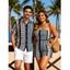Bohemian Vacation Couple Outfit Colorblock Striped Geometric Print Pocket Off the Shoulder Romper and Shirt Set - multicolor A S | US 4