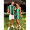 Hawaiian Vacation Couple Outfit Vertical Leaf Print Ruched Bust Mini Dress and Shirt Set - PLANT GREEN S | US 4