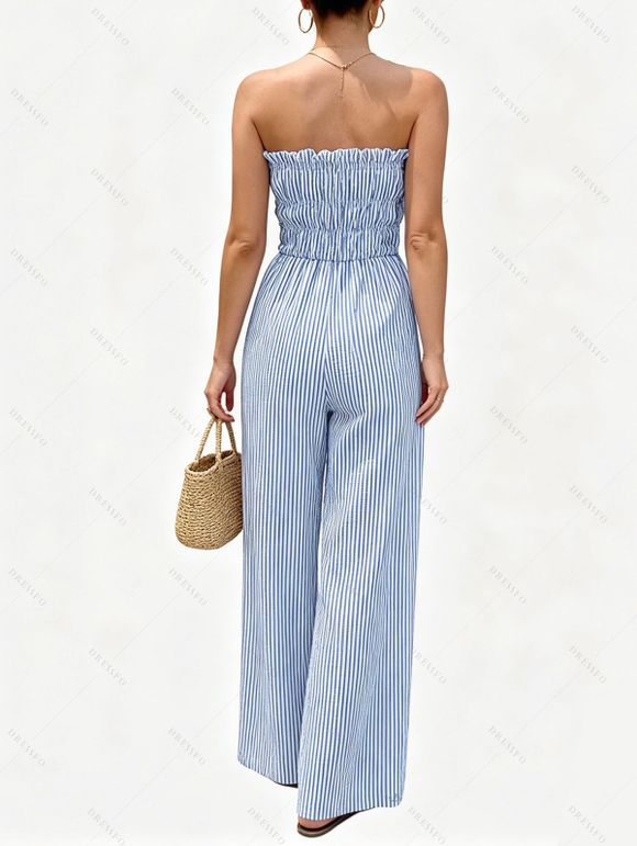 Vacation Wide Leg Jumpsuit Striped Print Cinched  Cut Out Ruffle Off the Shoulder Jumpsuit - Bleu Ciel XL | US 10