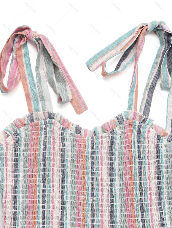 Vacation Cake Dress Colorful Striped Print Smocked Tied Shoulder Ruffle Tiered Midi Dress - multicolor A XL | US 10