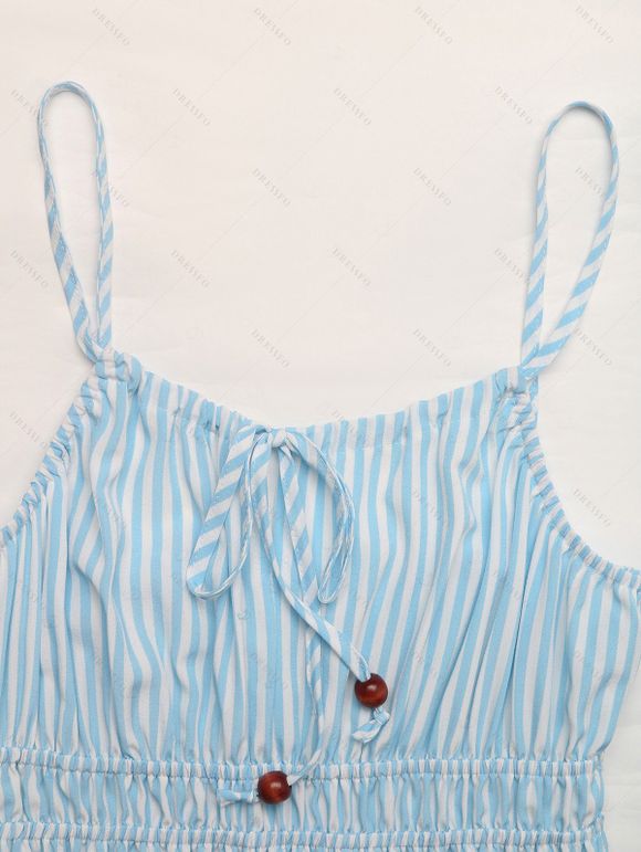 Vacation Cake Dress Striped Print Smocked Tied Spaghetti Strap Square Neck Midi Dress - Bleu clair XL | US 10