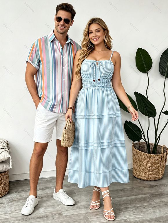 Vacation Couple Outfit Striped Print Smocked Tied Spaghetti Strap Square Neck Cake Dress and Shirt Set - Bleu clair S | US 4