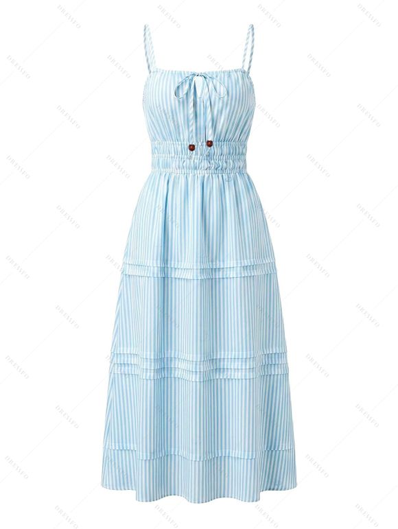 Vacation Couple Outfit Striped Print Smocked Tied Spaghetti Strap Square Neck Cake Dress and Shirt Set - Bleu clair S | US 4
