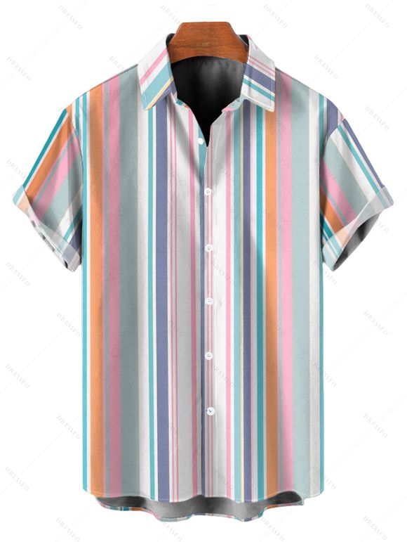 Vacation Couple Outfit Striped Print Smocked Tied Spaghetti Strap Square Neck Cake Dress and Shirt Set - Bleu clair S | US 4