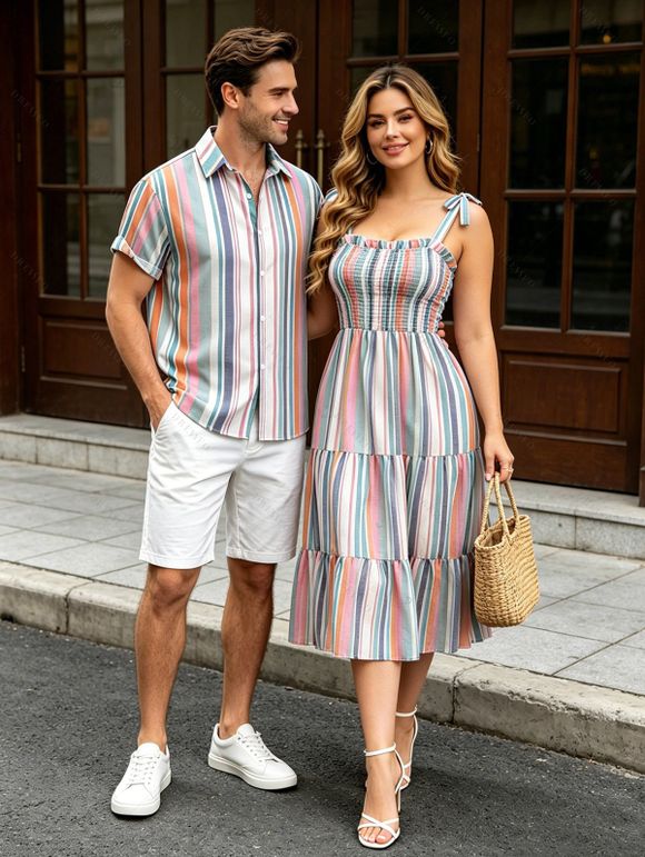 Vacation Couple Outfit Colorful Striped Print Smocked Tied Shoulder Ruffle Tiered Dress and Shirt Set - multicolor A S | US 4