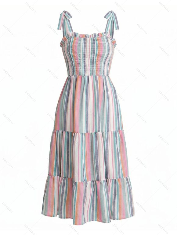 Vacation Couple Outfit Colorful Striped Print Smocked Tied Shoulder Ruffle Tiered Dress and Shirt Set - multicolor A S | US 4