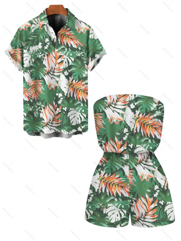 Hawaii Vacation Couple Outfit for Beach Colorblock Tropical Monstera Leaf Print Pocket Off the Shoulder Romper and Shirt Set - Vert clair S | US 4