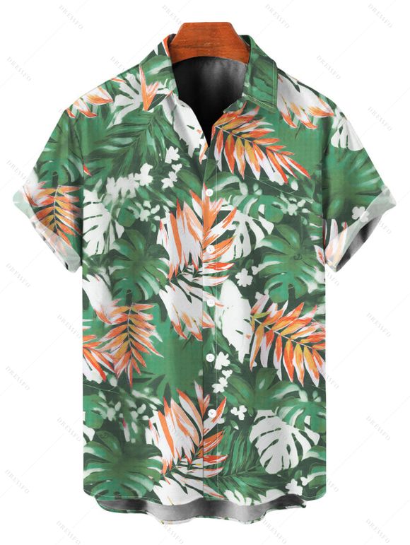 Hawaii Vacation Couple Outfit for Beach Colorblock Tropical Monstera Leaf Print Pocket Off the Shoulder Romper and Shirt Set - Vert clair S | US 4