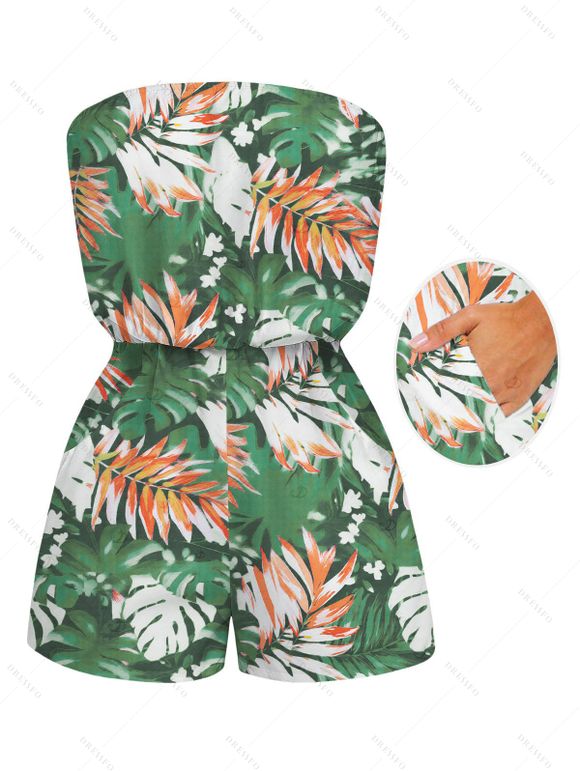 Hawaii Vacation Couple Outfit for Beach Colorblock Tropical Monstera Leaf Print Pocket Off the Shoulder Romper and Shirt Set - Vert clair S | US 4