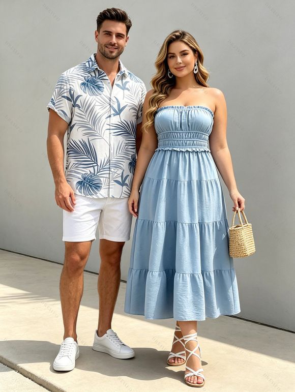 Hawaiian Vacation Couple Outfit Solid Color Ruffle Smocked Off the Shoulder Maxi Tired Dress and Tropical Leaf Print Shirt Set - Bleu clair S | US 4