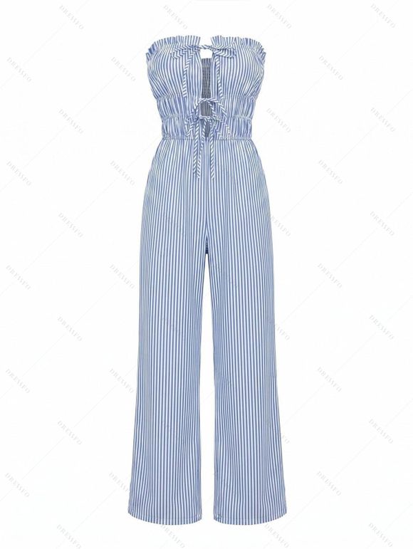 Hawaiian Vacation Couple Outfit Striped Print Cinched Cut Out Ruffle Off the Shoulder Wide Leg Jumpsuit and Shirt Set - Bleu Ciel S | US 4