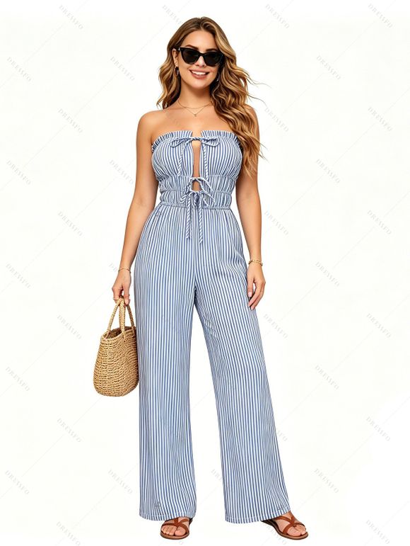 Hawaiian Vacation Couple Outfit Striped Print Cinched Cut Out Ruffle Off the Shoulder Wide Leg Jumpsuit and Shirt Set - Bleu Ciel S | US 4