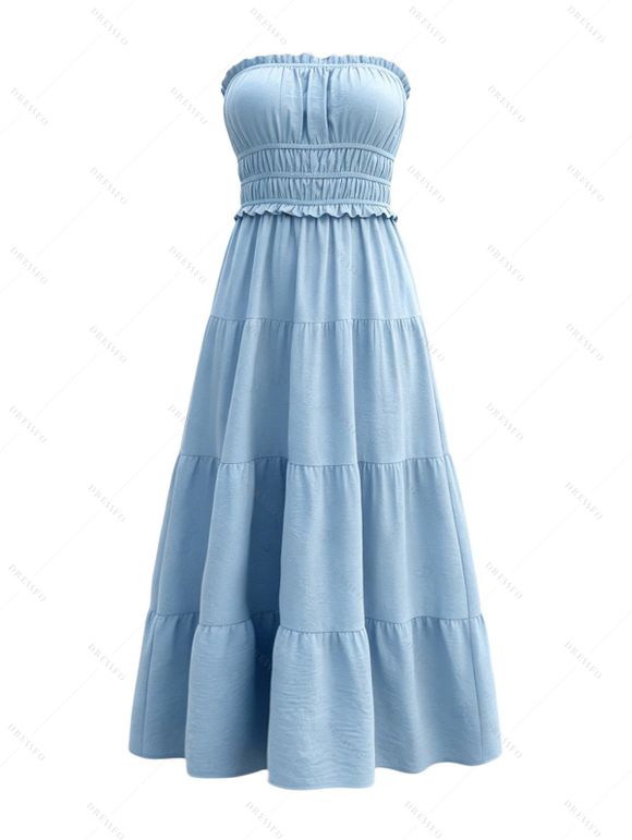 Hawaiian Vacation Couple Outfit Solid Color Ruffle Smocked Off the Shoulder Maxi Tired Dress and Tropical Leaf Print Shirt Set - Bleu clair S | US 4