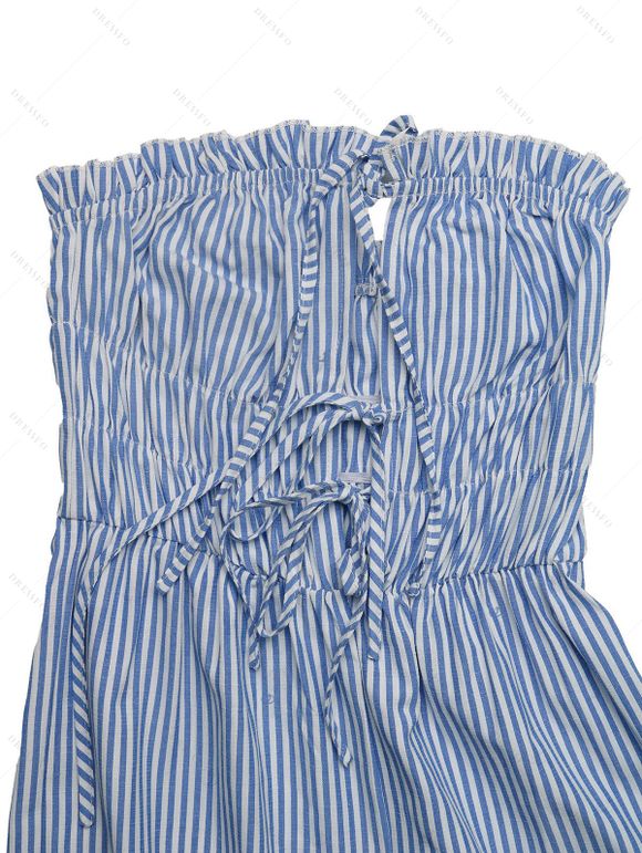 Hawaiian Vacation Couple Outfit Striped Print Cinched Cut Out Ruffle Off the Shoulder Wide Leg Jumpsuit and Shirt Set - Bleu Ciel S | US 4