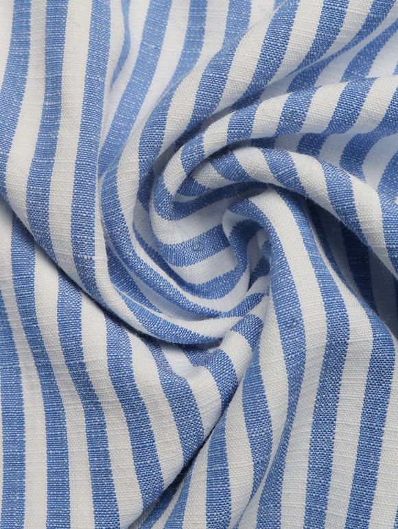 Hawaiian Vacation Couple Outfit Striped Print Cinched Cut Out Ruffle Off the Shoulder Wide Leg Jumpsuit and Shirt Set - Bleu Ciel S | US 4