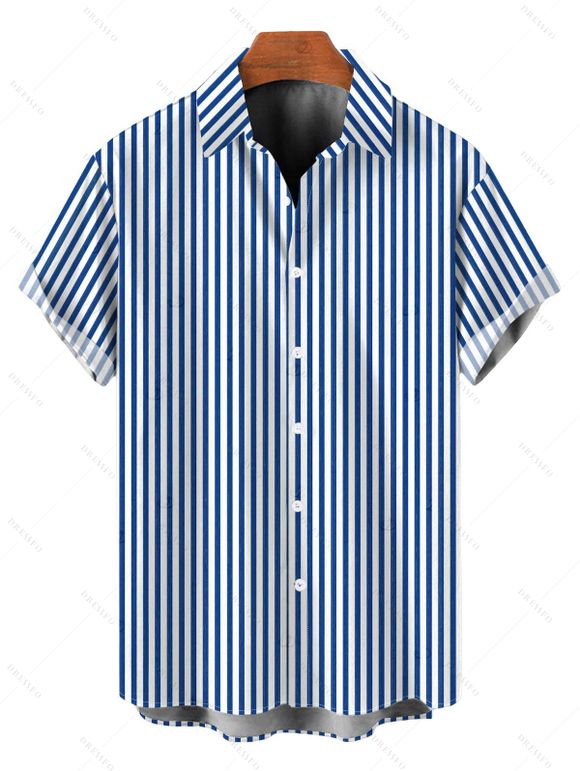 Hawaiian Vacation Couple Outfit Striped Print Cinched Cut Out Ruffle Off the Shoulder Wide Leg Jumpsuit and Shirt Set - Bleu Ciel S | US 4