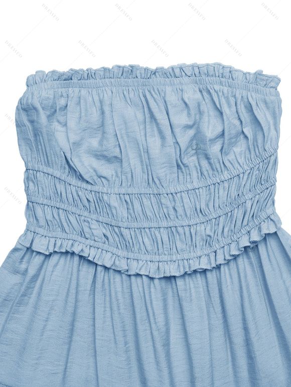 Hawaiian Vacation Couple Outfit Solid Color Ruffle Smocked Off the Shoulder Maxi Tired Dress and Tropical Leaf Print Shirt Set - Bleu clair S | US 4