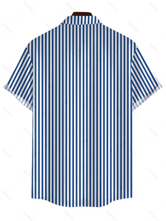 Hawaiian Vacation Couple Outfit Striped Print Cinched Cut Out Ruffle Off the Shoulder Wide Leg Jumpsuit and Shirt Set - Bleu Ciel S | US 4