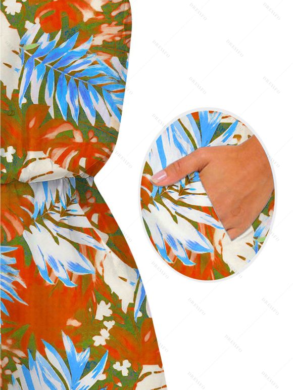 Hawaii Vacation Romper for Beach Colorblock Tropical Monstera Leaf Print Pocket Off the Shoulder Romper - Orange XXL | US 14
