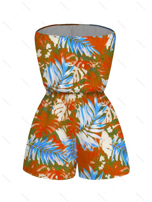 Hawaii Vacation Couple Outfit for Beach Colorblock Tropical Monstera Leaf Print Pocket Off the Shoulder Romper and Shirt Set - Orange S | US 4