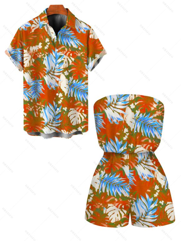 Hawaii Vacation Couple Outfit for Beach Colorblock Tropical Monstera Leaf Print Pocket Off the Shoulder Romper and Shirt Set - Orange S | US 4