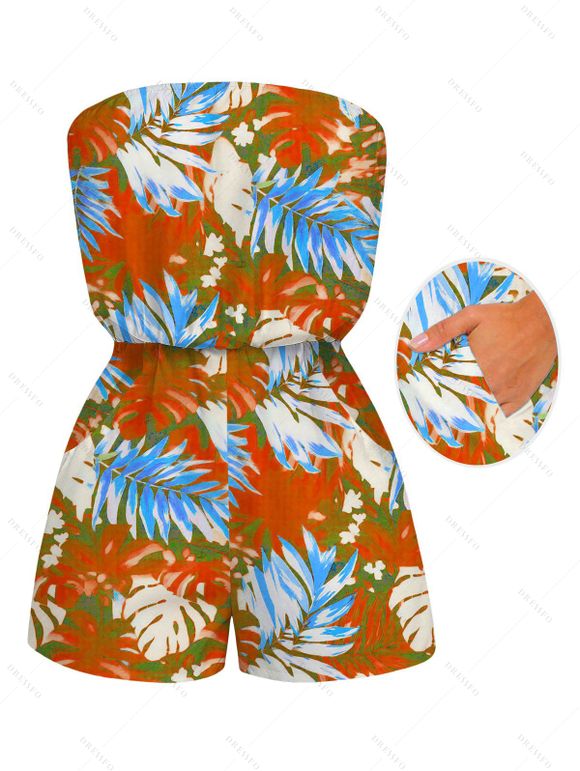 Hawaii Vacation Couple Outfit for Beach Colorblock Tropical Monstera Leaf Print Pocket Off the Shoulder Romper and Shirt Set - Orange S | US 4