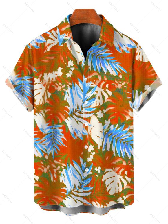 Hawaii Vacation Couple Outfit for Beach Colorblock Tropical Monstera Leaf Print Pocket Off the Shoulder Romper and Shirt Set - Orange S | US 4