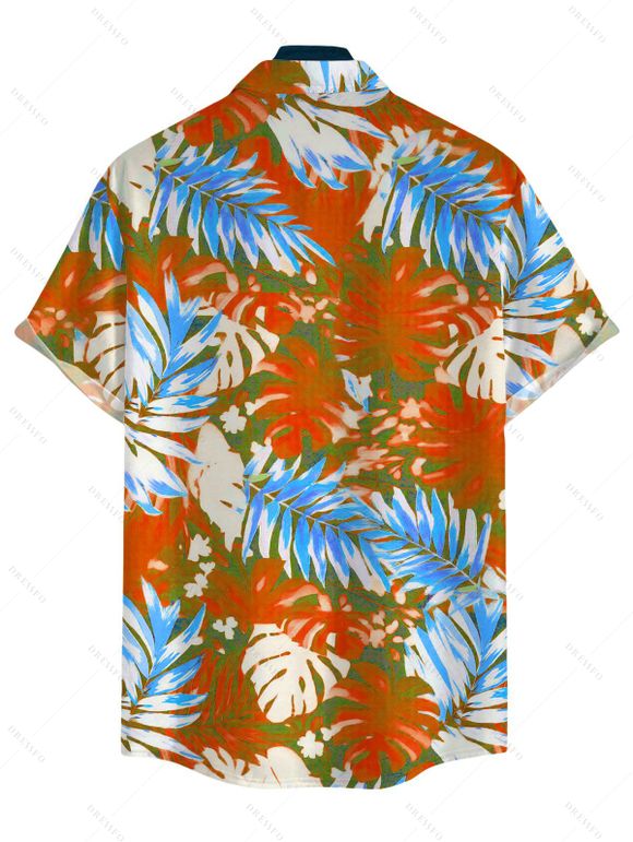 Hawaii Vacation Couple Outfit for Beach Colorblock Tropical Monstera Leaf Print Pocket Off the Shoulder Romper and Shirt Set - Orange S | US 4