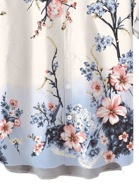 Men's Hawaiian Vacation Shirt Ombre Cherry Blossom Floral Print Button Up Shirt - Bleu gris 5XL