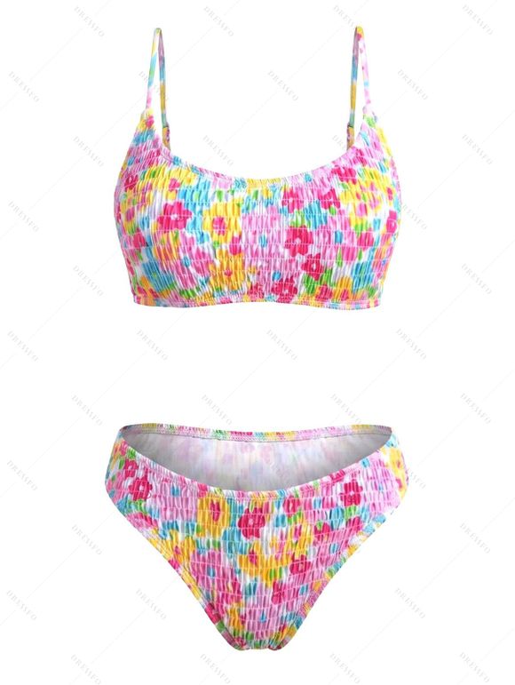Hawaiian Vacation Bikini Swimsuit Colorful Floral Print Smocked High Cut Briefs Swimwear - Rose XL | US 12