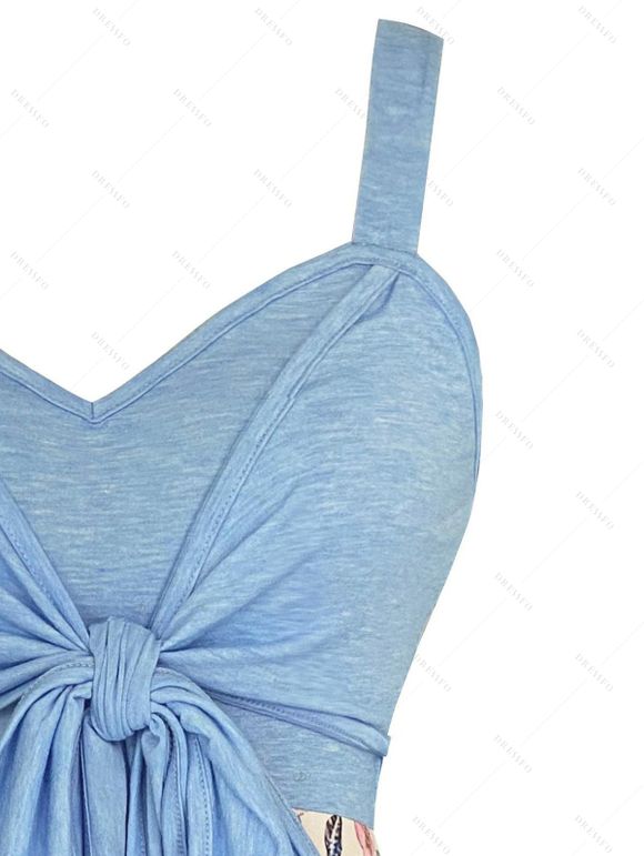 Vacation Dress Ombre Cherry Blossom Floral Print Crossover Bowknot Back Handkerchief Hem Dress - Bleu Ciel XXL | US 14