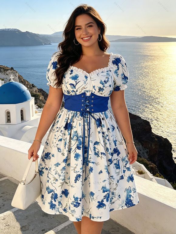 Vacation Dress Porcelain Floral Printed Ruffle Puff Sleeve Lace Up Belt Mini Dress - Bleu XXL | US 14