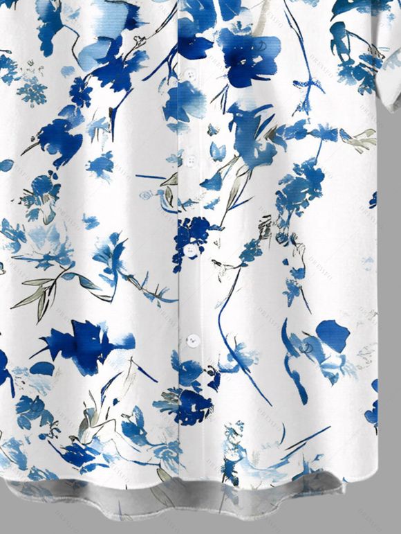 Men's Beach Vacation Shirt Watercolor Porcelain Floral Printed Print Button Up Shirt - Bleu 5XL