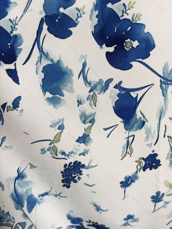 Vacation Dress Porcelain Floral Printed Ruffle Puff Sleeve Lace Up Belt Mini Dress - Bleu XXL | US 14