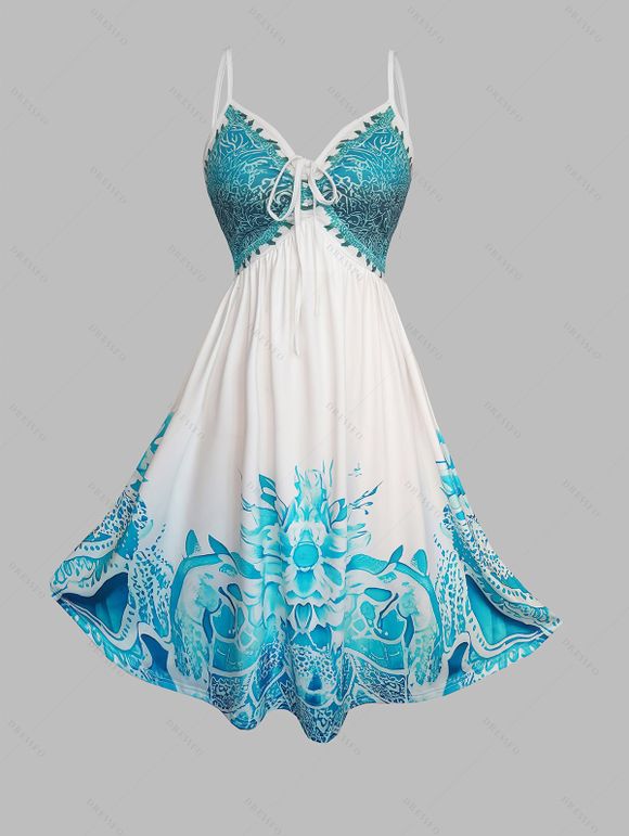 Vacation Dress Set Bohemian Floral Print Tied Empire Waist Dress and Lace Hollow Out Cropped Cover-up - Turquoise Foncée XXL | US 14