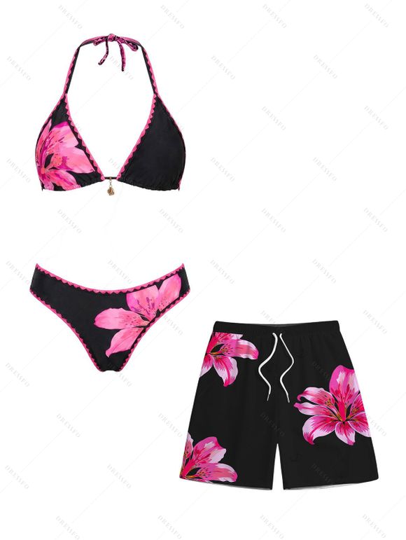 Vacation Couple Outfit Lily Floral Print Scalloped High Cut Briefs Halter Bikini Swimsuit and Beach Shorts Set - Rose S | US 4