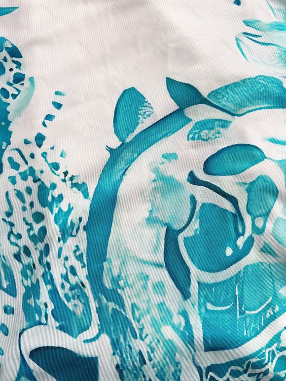 Vacation Dress Set Bohemian Floral Print Tied Empire Waist Dress and Lace Hollow Out Cropped Cover-up - Turquoise Foncée XXL | US 14