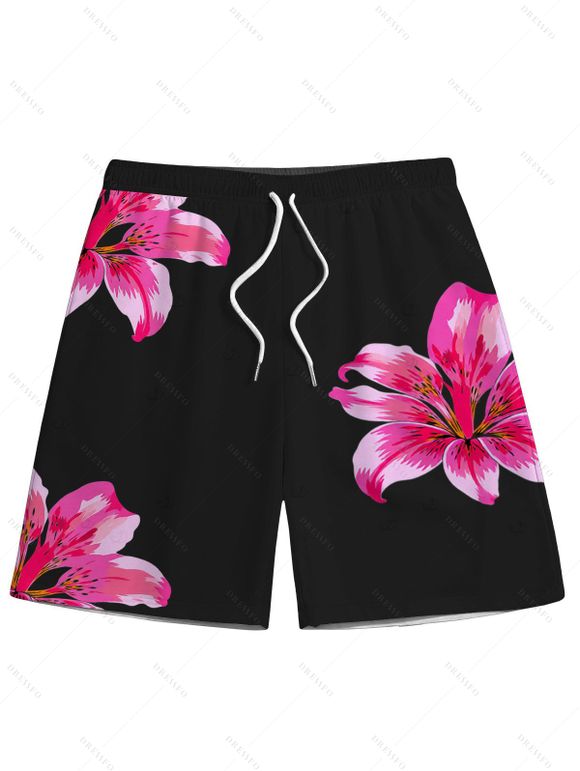 Vacation Couple Outfit Lily Floral Print Scalloped High Cut Briefs Halter Bikini Swimsuit and Beach Shorts Set - Rose S | US 4