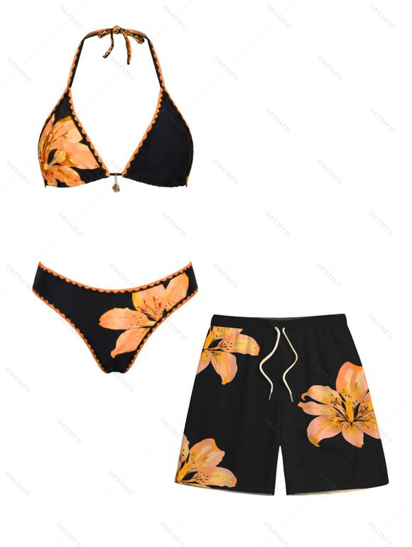 Vacation Couple Outfit Lily Floral Print Scalloped High Cut Briefs Halter Bikini Swimsuit and Beach Shorts Set - Orange S | US 4