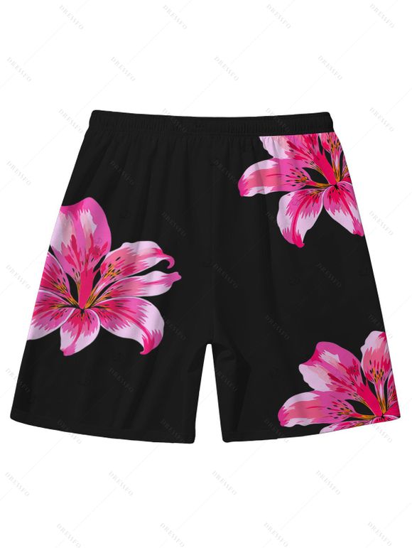 Vacation Couple Outfit Lily Floral Print Scalloped High Cut Briefs Halter Bikini Swimsuit and Beach Shorts Set - Rose S | US 4