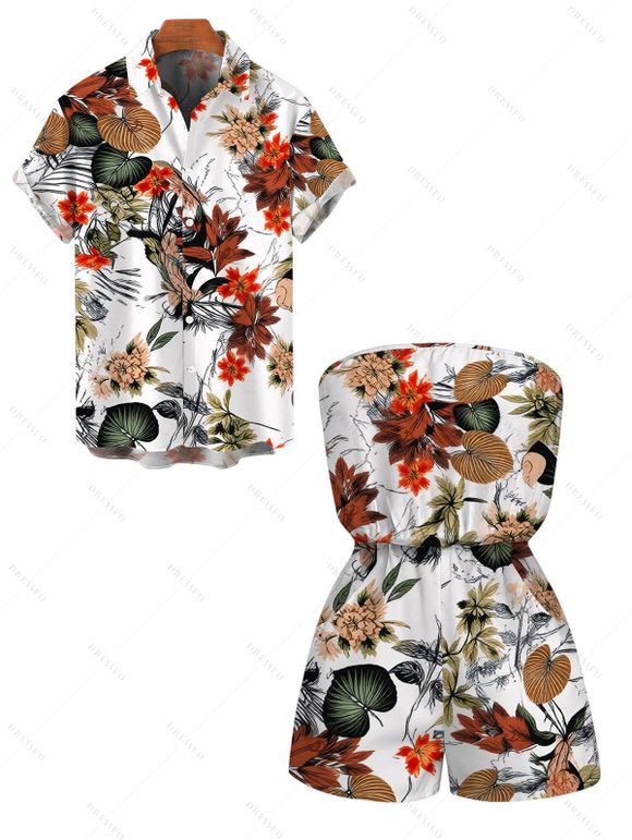 Hawaiian Beach Couple Outfit Vintage Sketch Floral Print Pocket Off the Shoulder Romper and Shirt Set - multicolor S | US 4