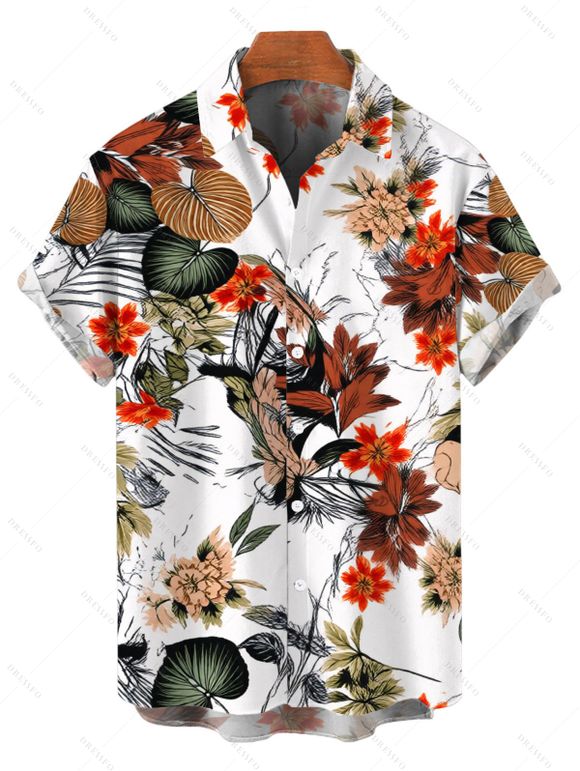 Hawaiian Beach Couple Outfit Vintage Sketch Floral Print Pocket Off the Shoulder Romper and Shirt Set - multicolor S | US 4