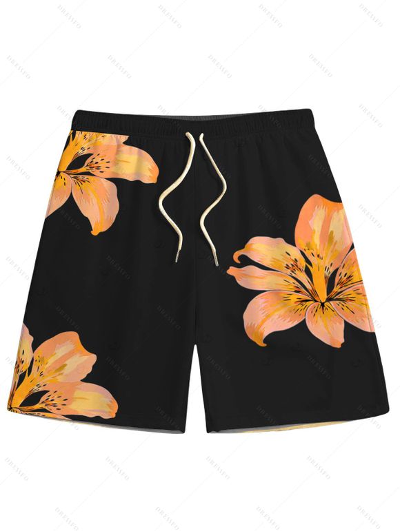 Vacation Couple Outfit Lily Floral Print Scalloped High Cut Briefs Halter Bikini Swimsuit and Beach Shorts Set - Orange S | US 4