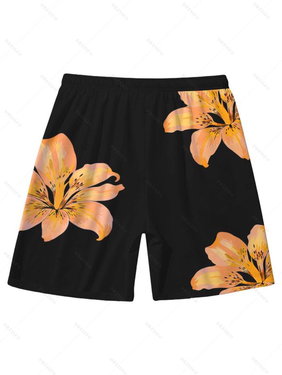 Vacation Couple Outfit Lily Floral Print Scalloped High Cut Briefs Halter Bikini Swimsuit and Beach Shorts Set - Orange S | US 4