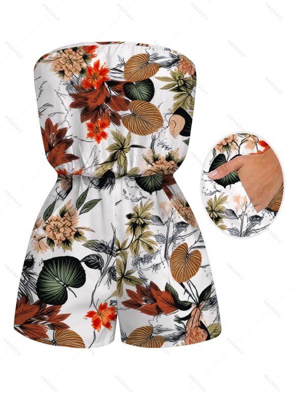 Hawaiian Beach Couple Outfit Vintage Sketch Floral Print Pocket Off the Shoulder Romper and Shirt Set - multicolor S | US 4
